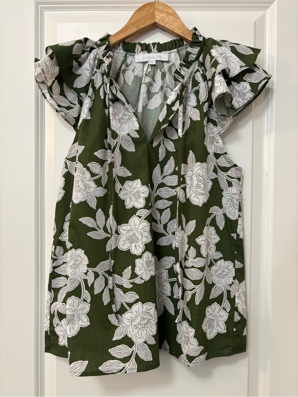 Sugarlips Olive Green White Floral Print Ruffle Sleeve 100% Cotton Top, Size S